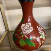 CLOISONNE VASE WITH LOTUS FLOWERS DECOR IN BURGUNDY TONES