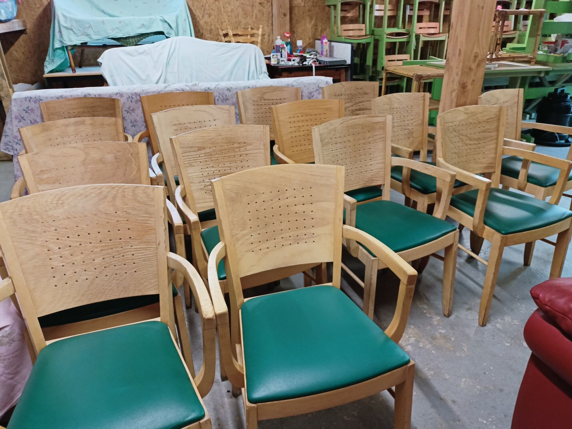 Set of 16 vintage Fameg wooden bistro armchairs