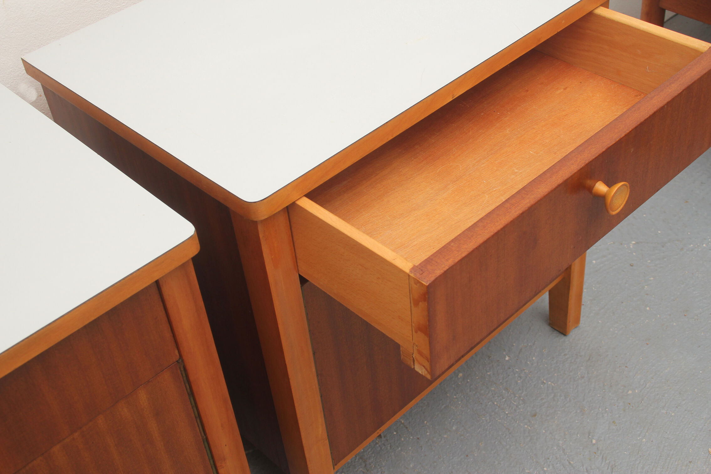 Pair of nightstands in walnut and formica 1950