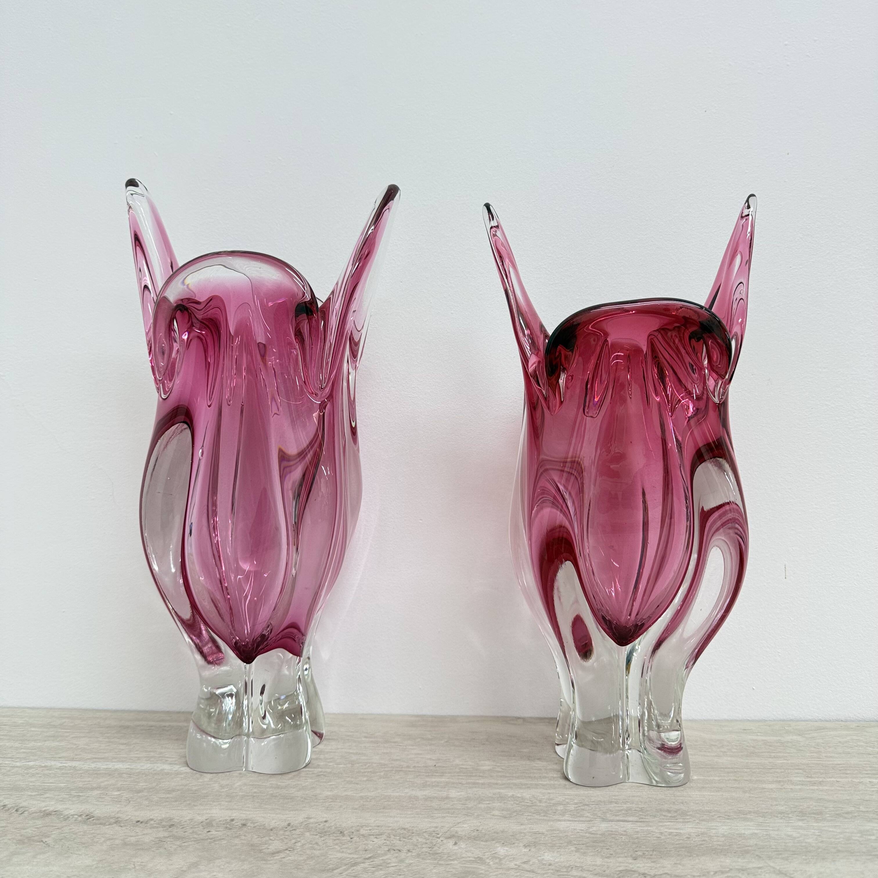 Pair of pink murano glass hand made vases , 1970’s Italy