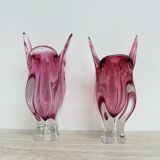 Pair of pink murano glass hand made vases , 1970’s Italy