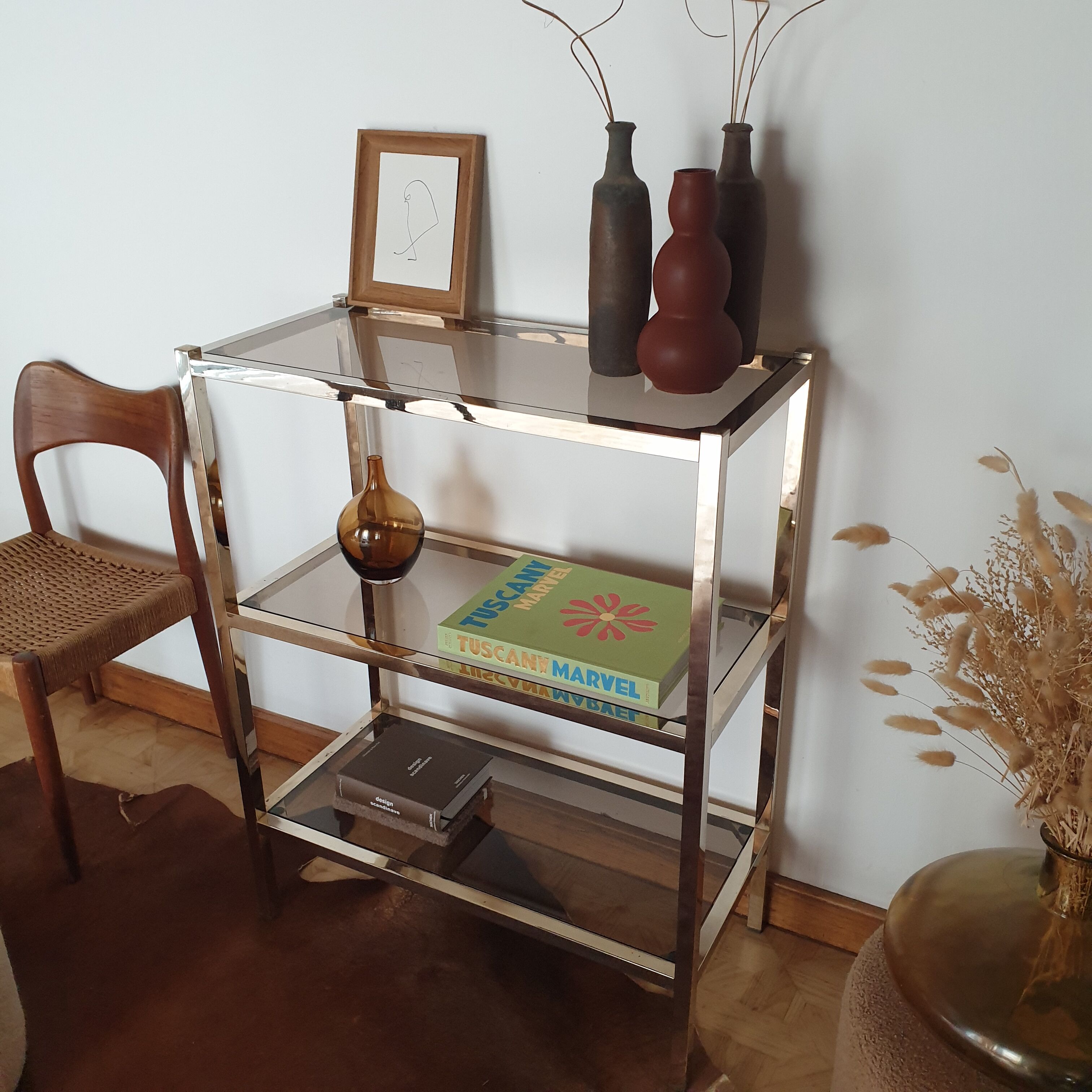 Bookcase furniture gilded and smoked glass vintage 70s Rochebobois