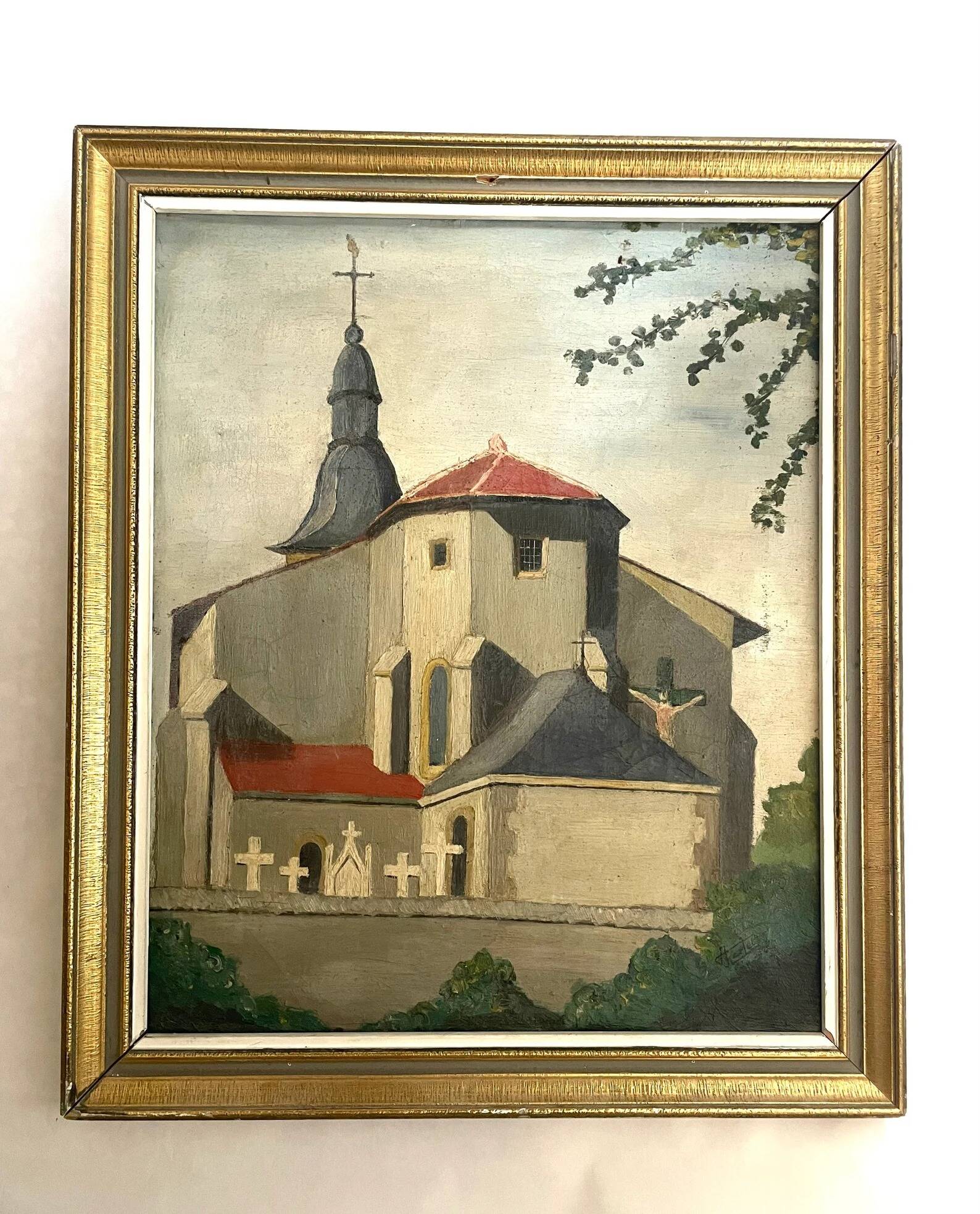 Mid Century Post Impressionist French Country Church Painting, Framed