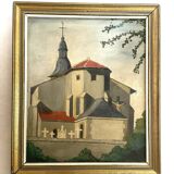 Mid Century Post Impressionist French Country Church Painting, Framed