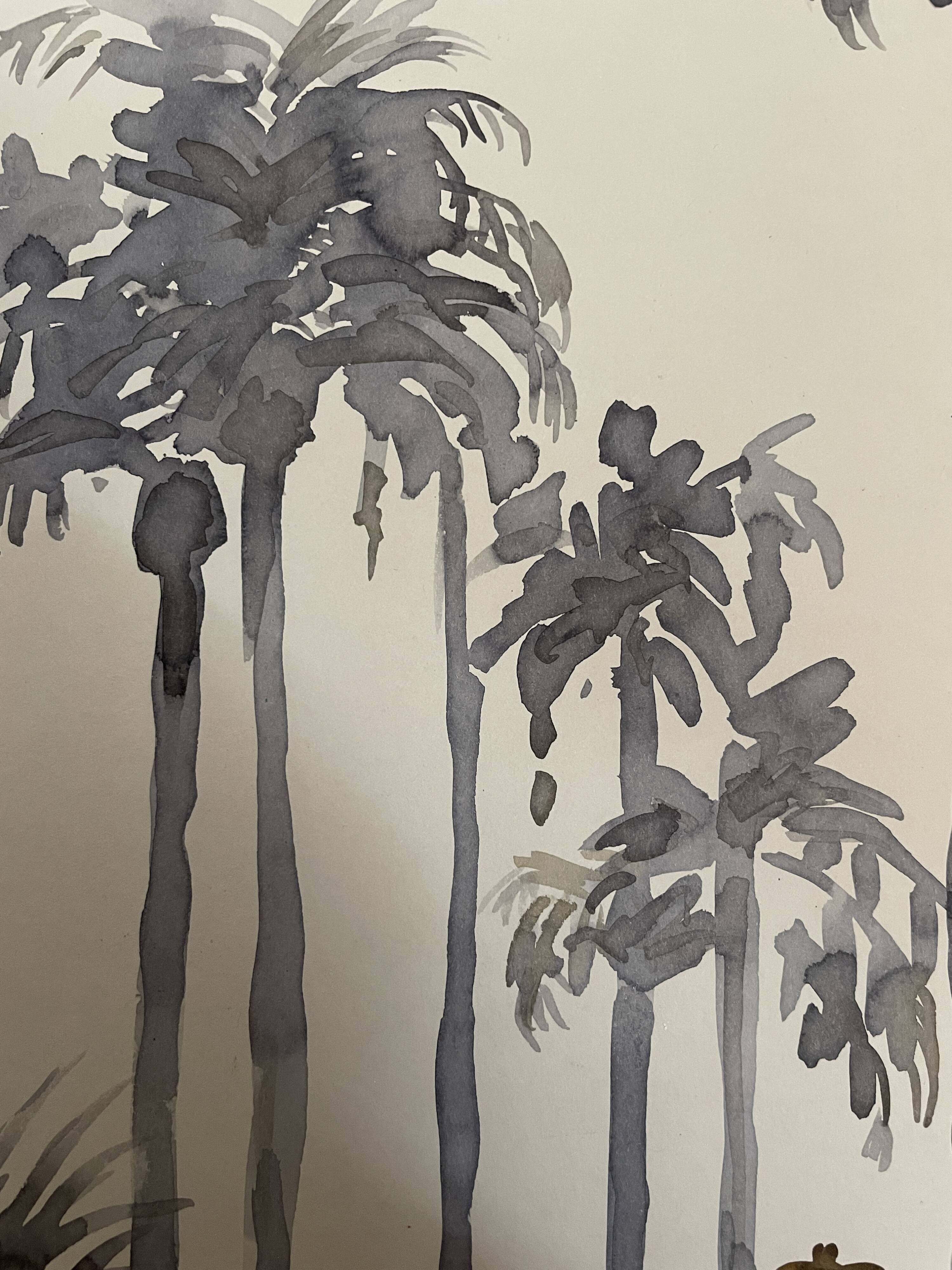 Signed monochrome watercolor painting “sunset over the palm trees”