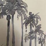 Signed monochrome watercolor painting “sunset over the palm trees”
