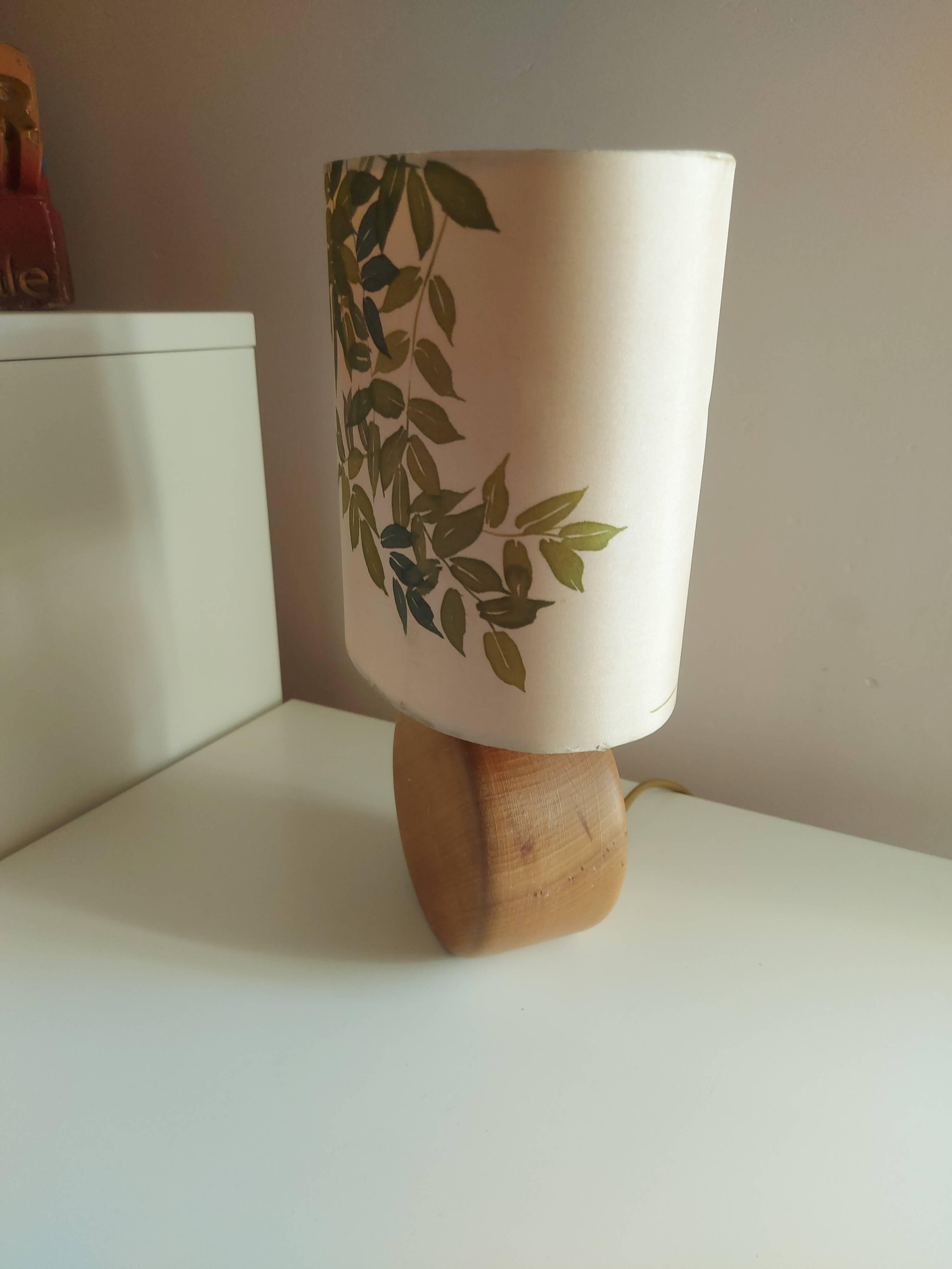 Wooden lamp with silk lampshade, hand painted, signed
