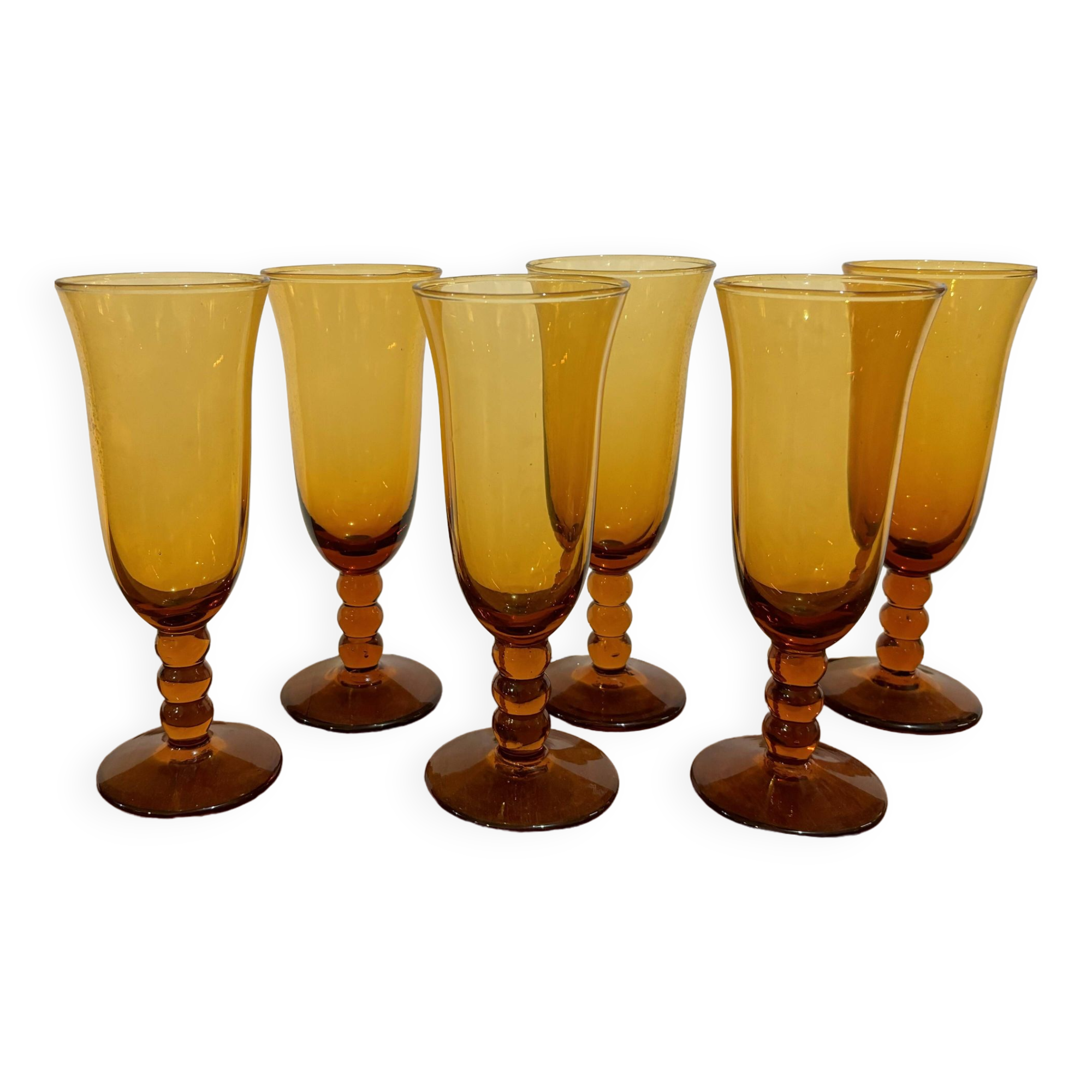 Série de 6 flûtes à champagne en verre ambré