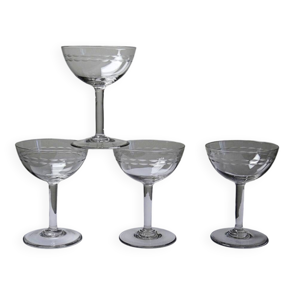 4 Grandes coupes à champagne verre gravé, style Art Déco années 1925-1940