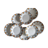 Assiettes plates anciennes X8 modèle "Radio" de la manufacture française de Saint Amand