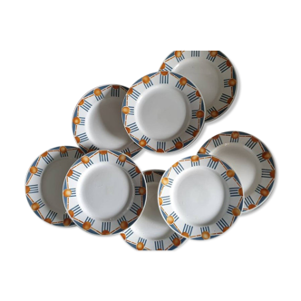 Assiettes plates anciennes X8 modèle "Radio" de la manufacture française de Saint Amand