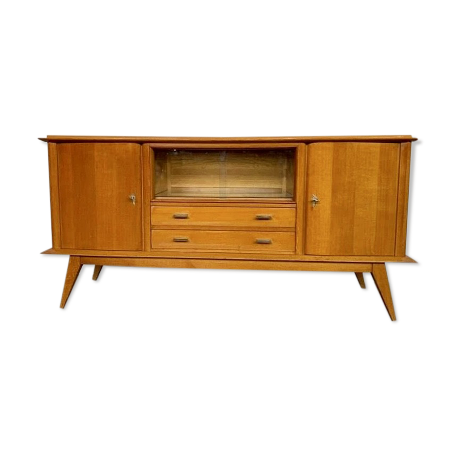 Enfilade moderniste en chêne longueur 197 vintage 1950 pieds compas