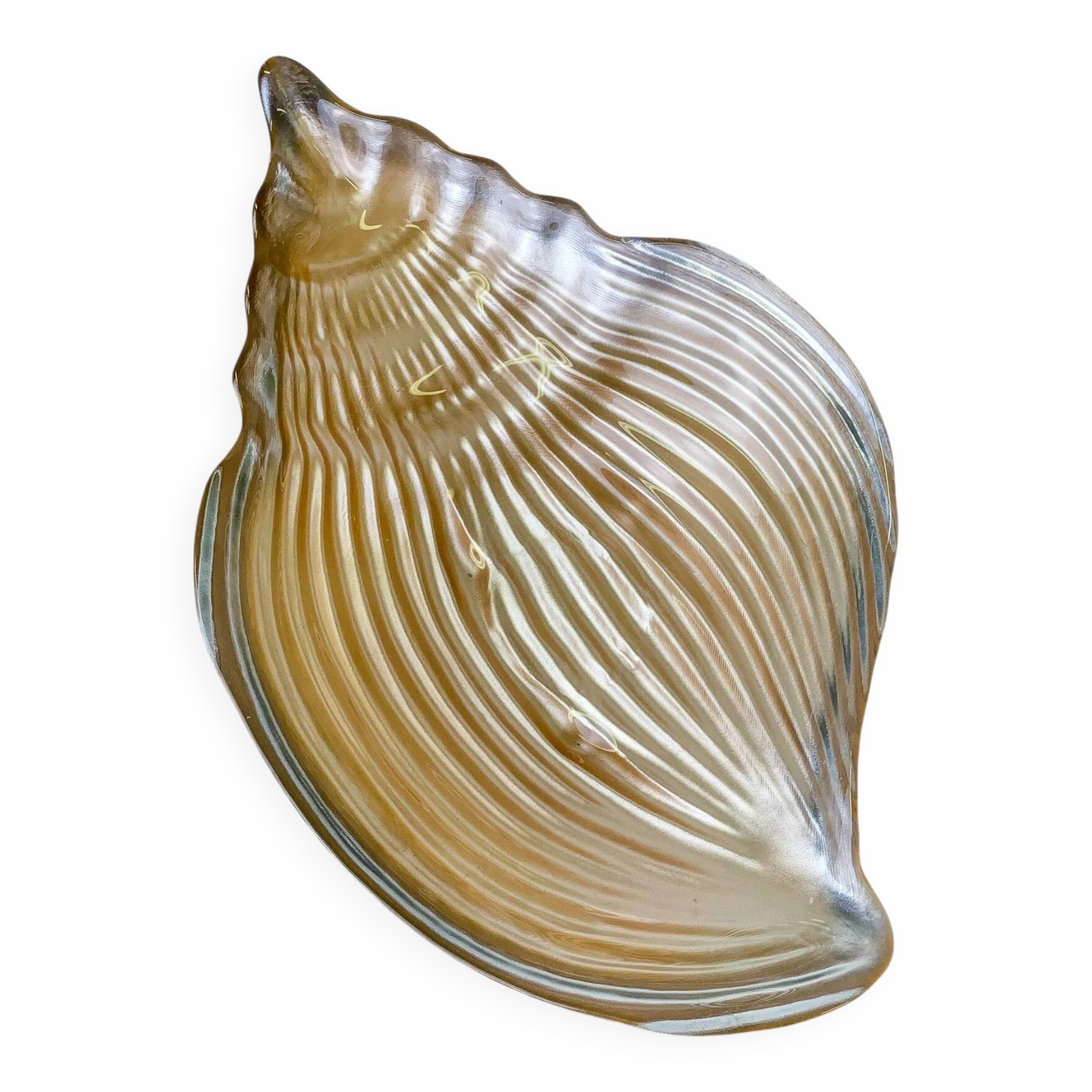 Large Murano glass shell centerpiece bowl, amber iridescent, Italy, 1980s