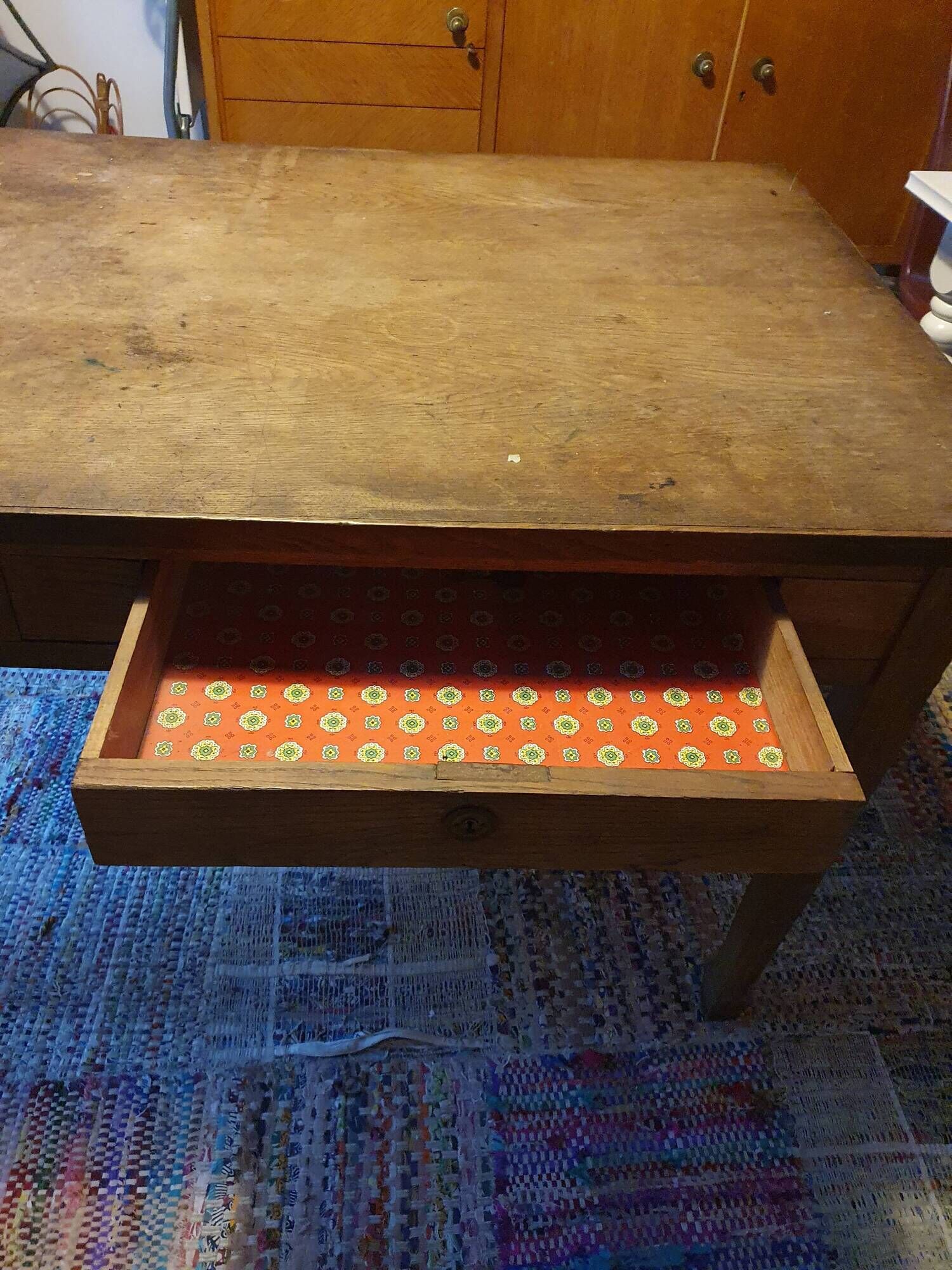 Vintage wooden antique farmhouse table with 2 drawers and their key