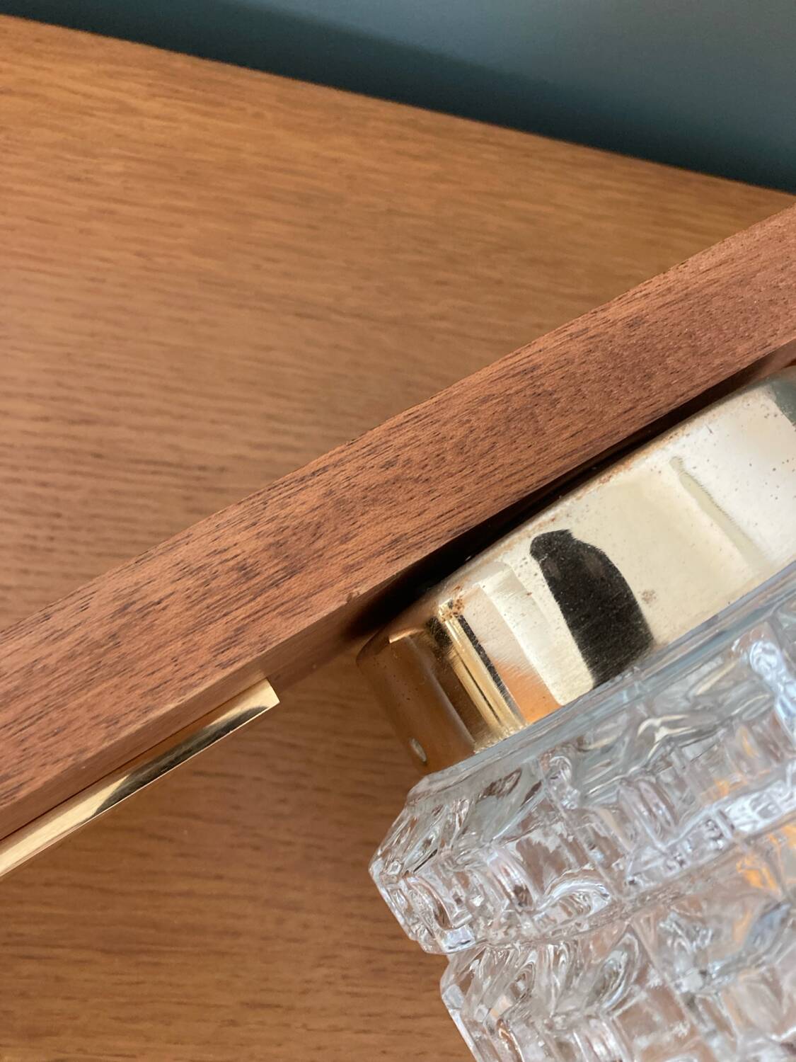 Vintage teak, brass and glass chandelier