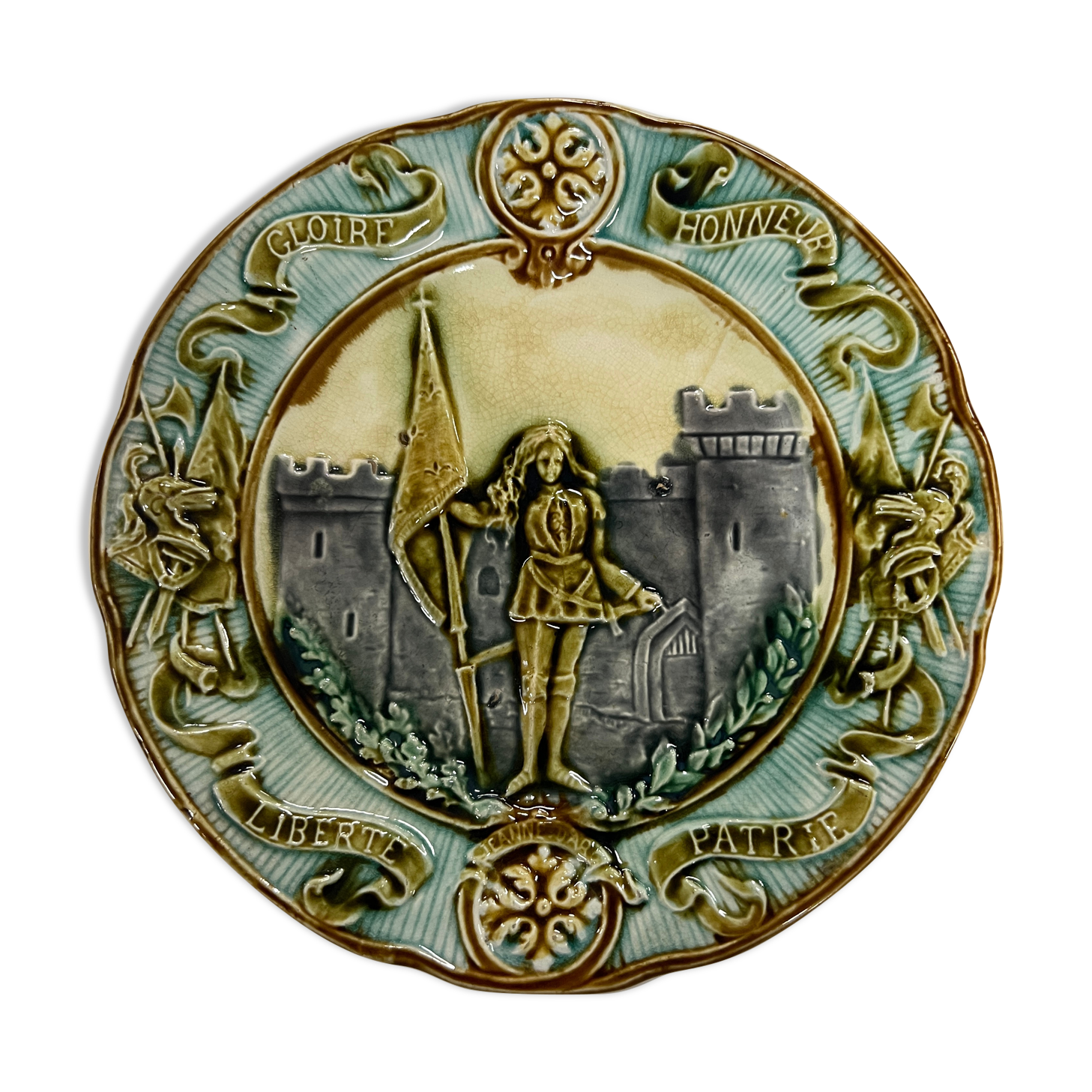 Decorative plate Barbotine Faience Joan of Arc