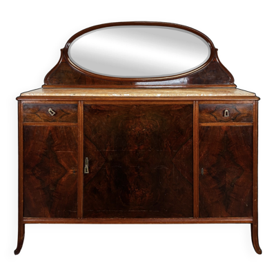 Buffet Art Nouveau en loupe de noyer dessus marbre et miroir ovale