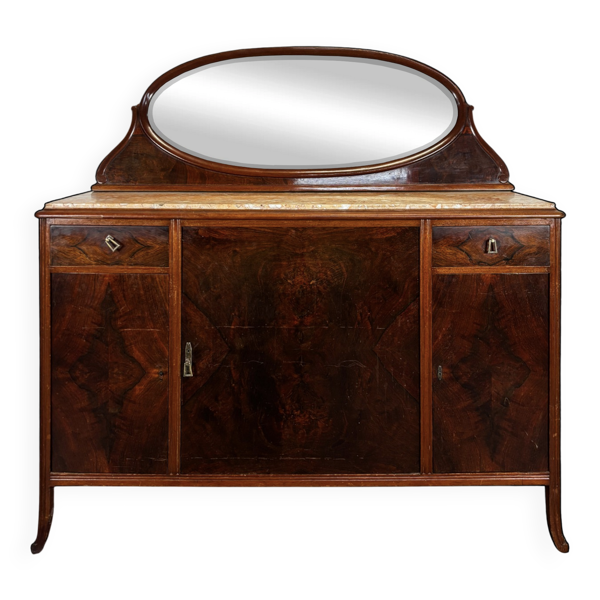 Buffet Art Nouveau en loupe de noyer dessus marbre et miroir ovale