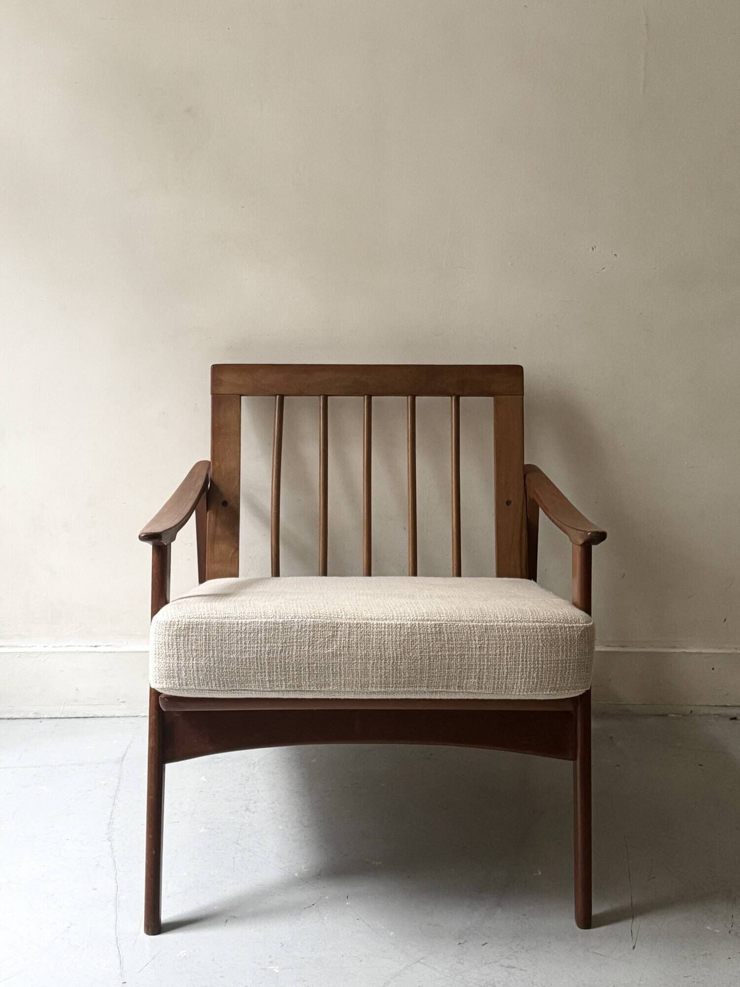 Scandinavian armchair in wood, Pierre Frey fabric, refurbished, Denmark 1950.