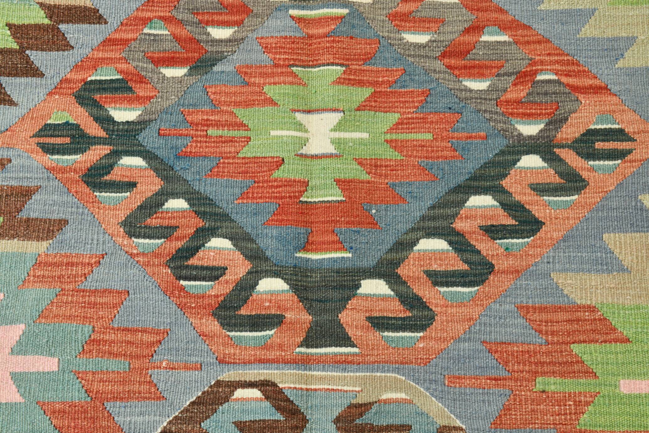 6x10 Light Blue & Green Goemetric Kilim Rug, Handmade Wool Bedroom Carpet