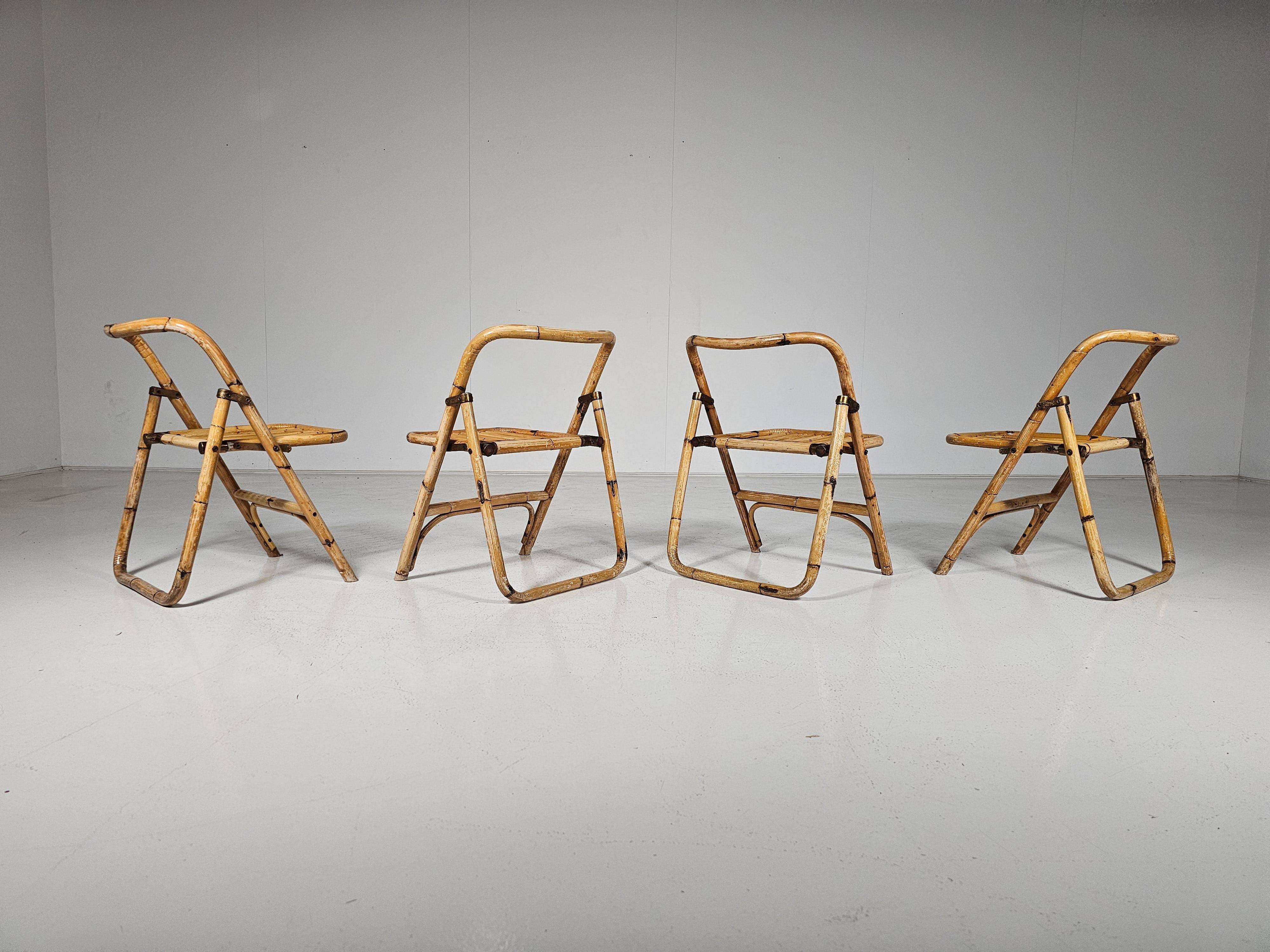 Set of 4 Dal Vera bamboo folding chairs, brass details, Italy, 1960s.