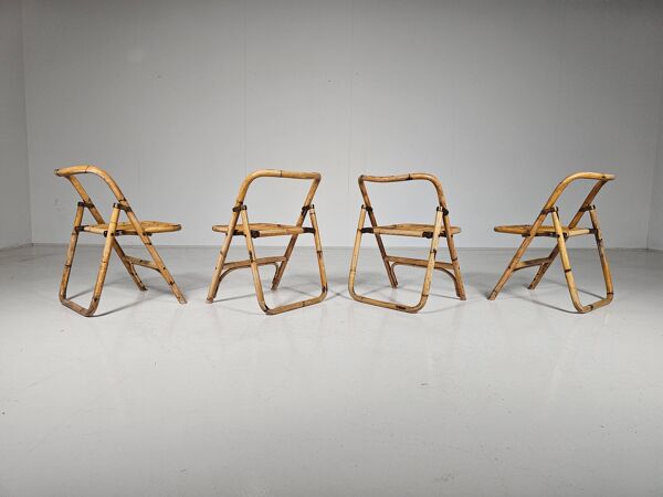Ensemble de 4 chaises pliantes en bambou Dal Vera, détails en laiton, Italie, années 1960