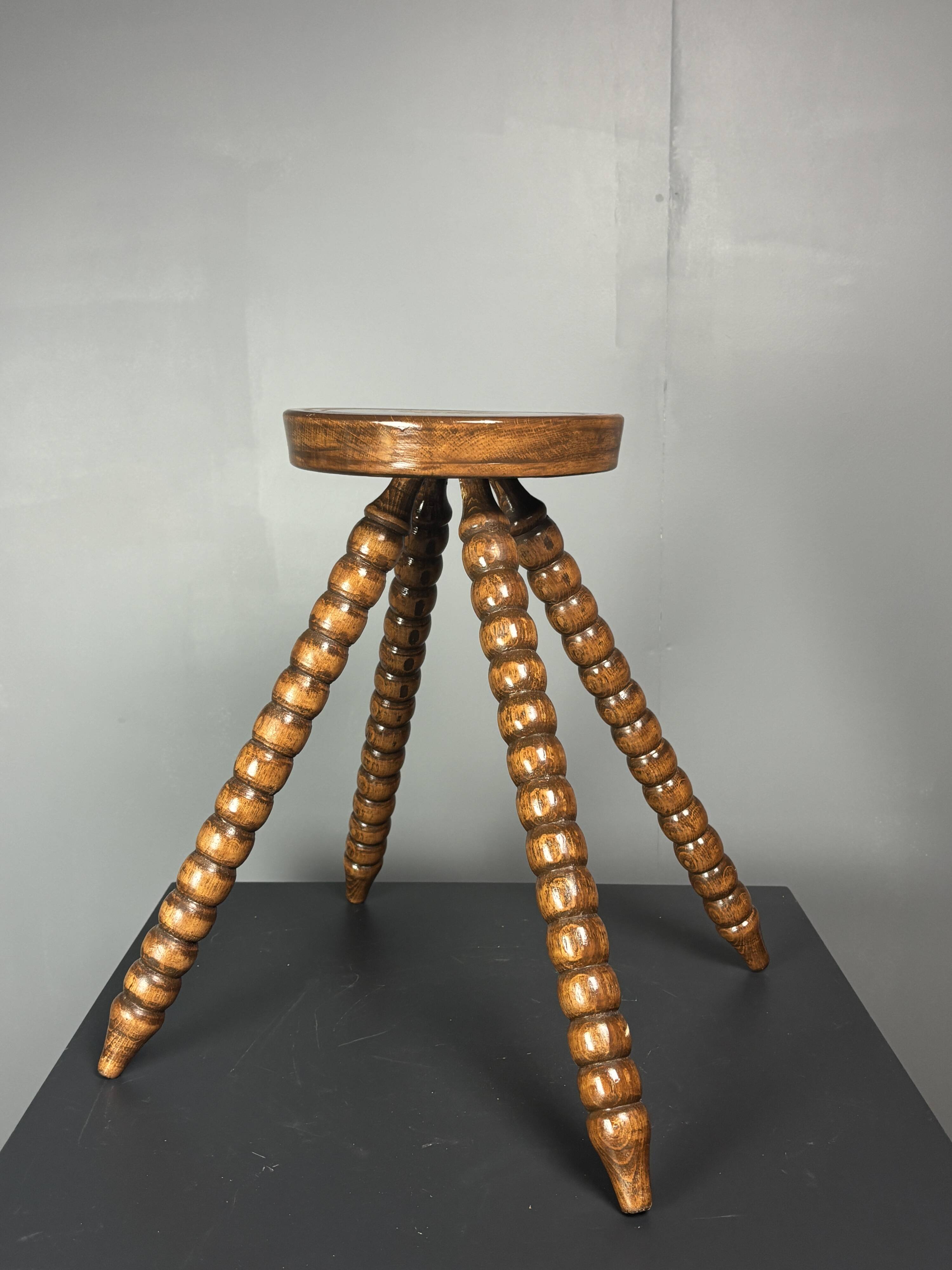 Midcentury bobbin wood turned farm house stool, France ca 1960s