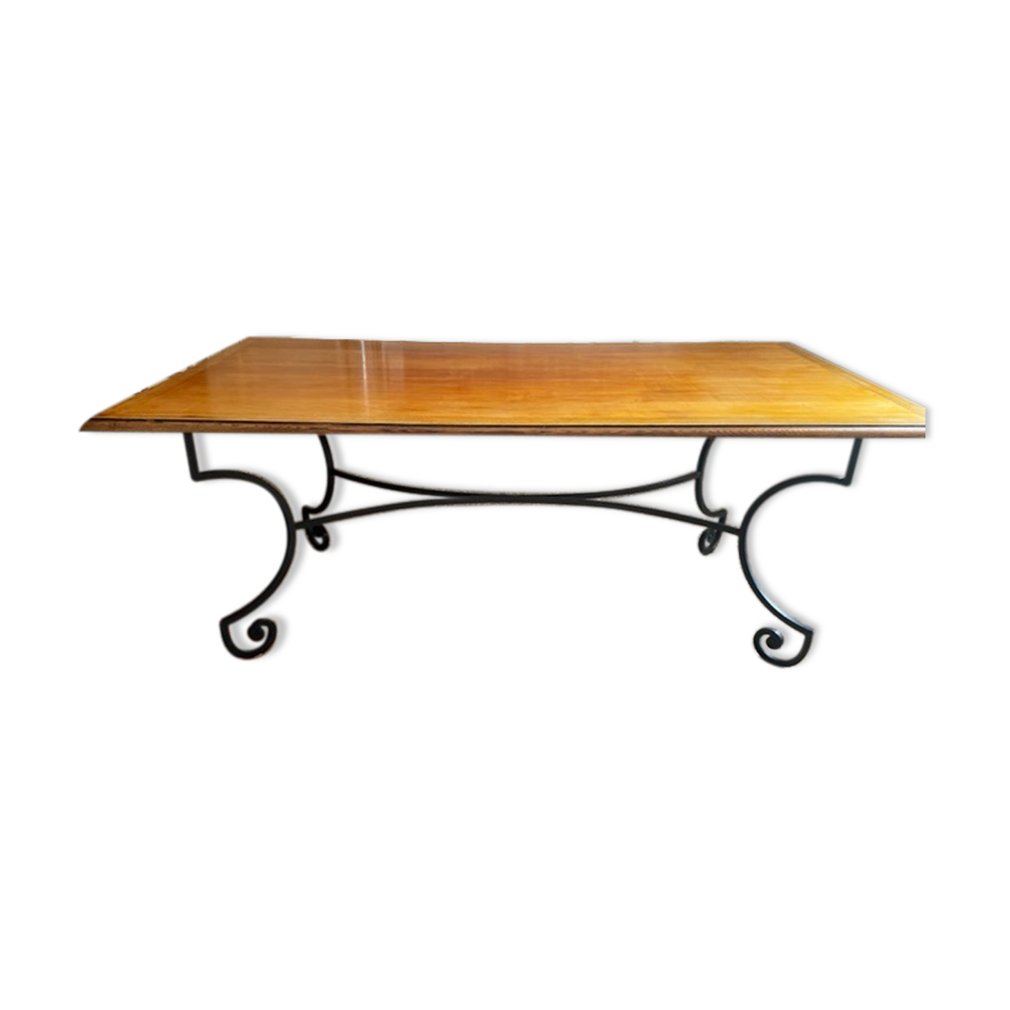 Artisanal Provencal table wrought iron base 4 chairs wreath and two armchairs gerbe Rochebobois