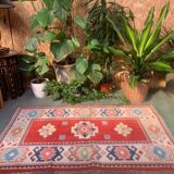 Old turkish kazak rug 140x83 cm vintage, red and blue