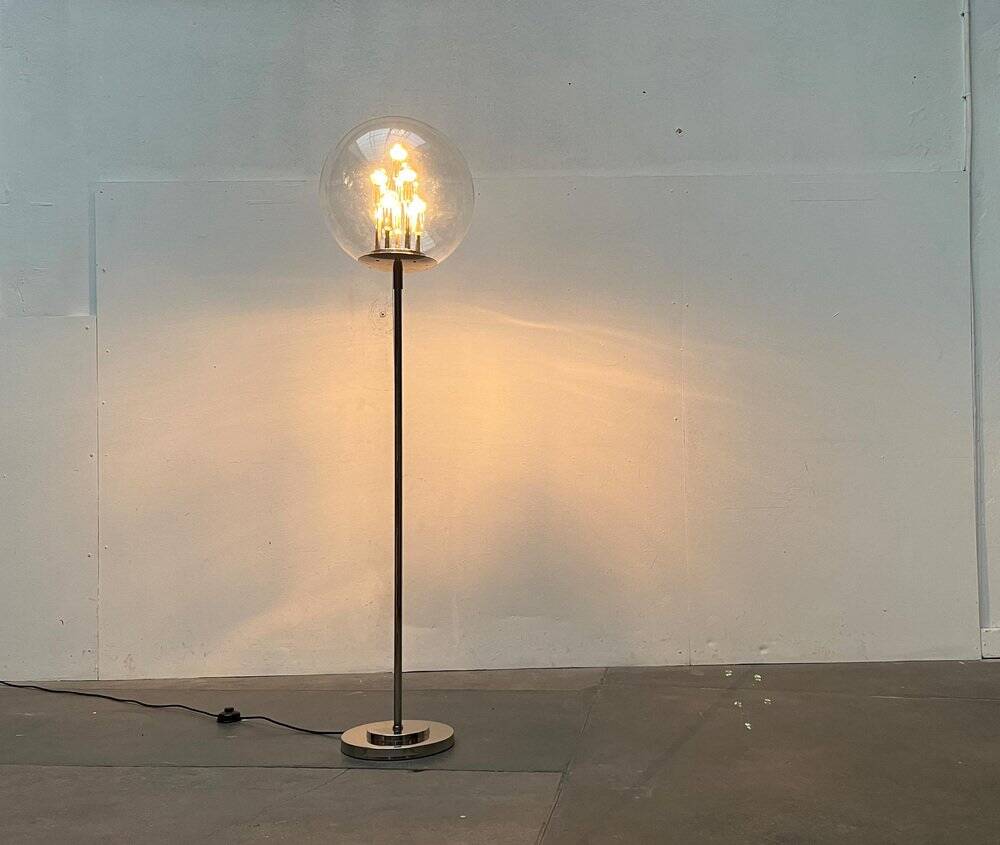 Spherical chrome and glass planetary floor lamp from the mid-century German space age by Doria Leuchten, 1960s.