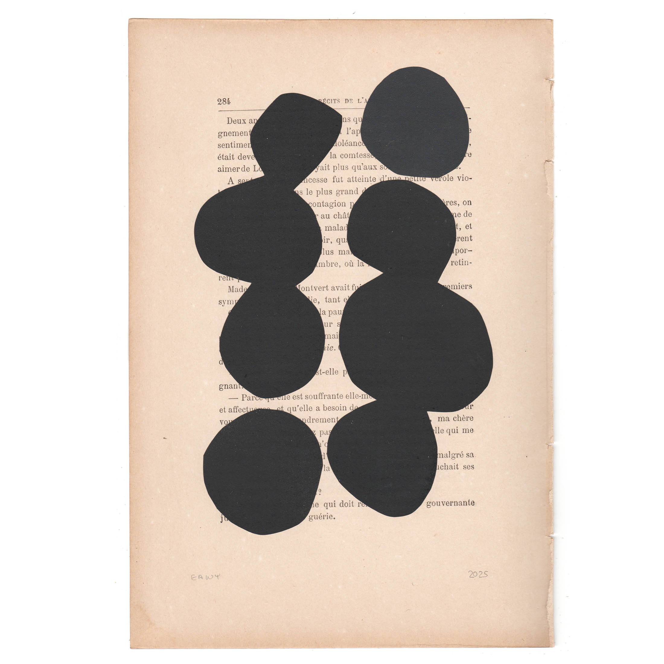 Collage on book page - abstract painting B129 black signed Eawy