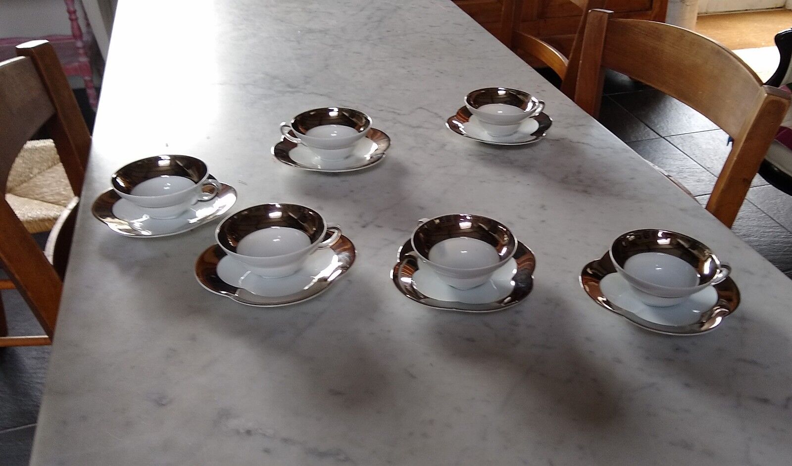 6 tea cups in fine porcelain Epiag white and gray moiré steel