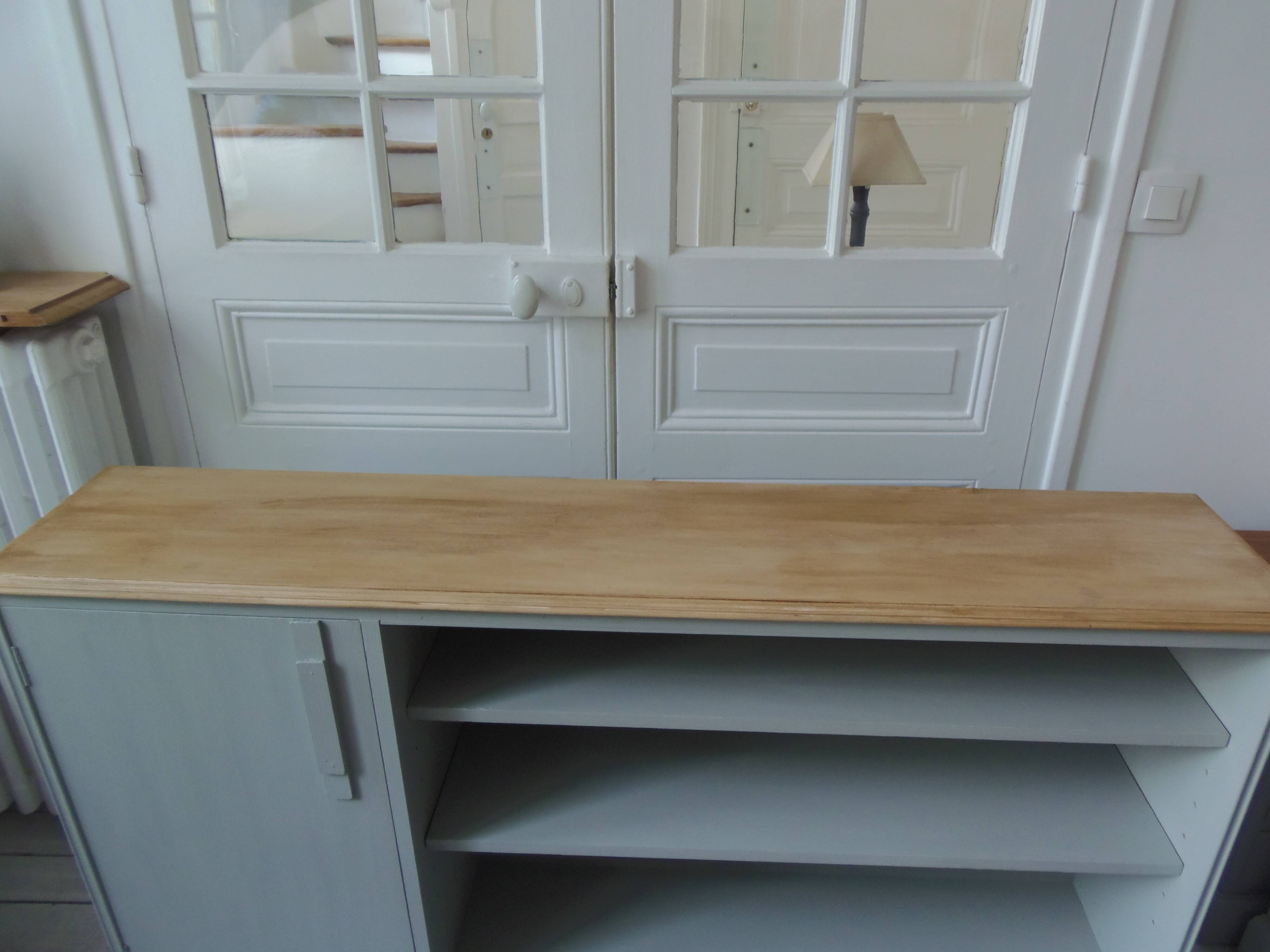 Furniture, vintage bookcase re-enchanted in verdigris, wooden top.