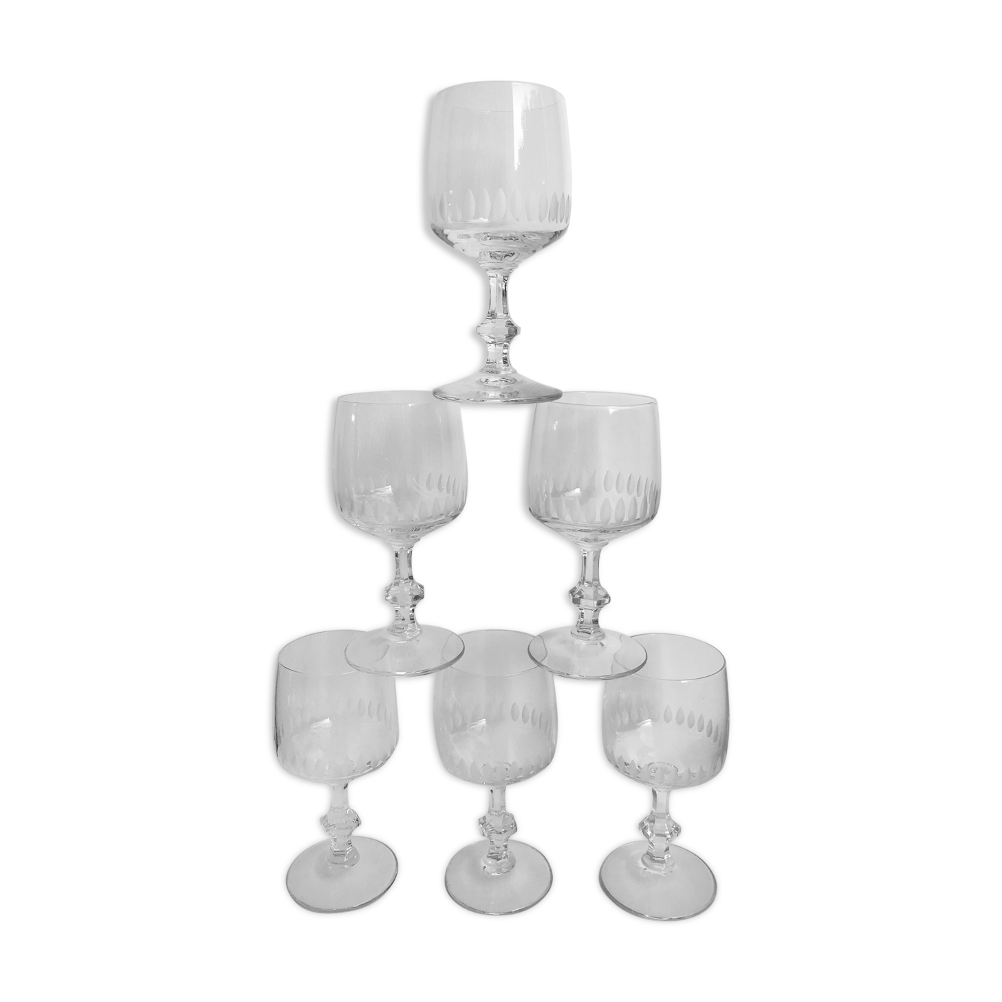 Set of 6 small crystal wine glasses engraved 30-40s
