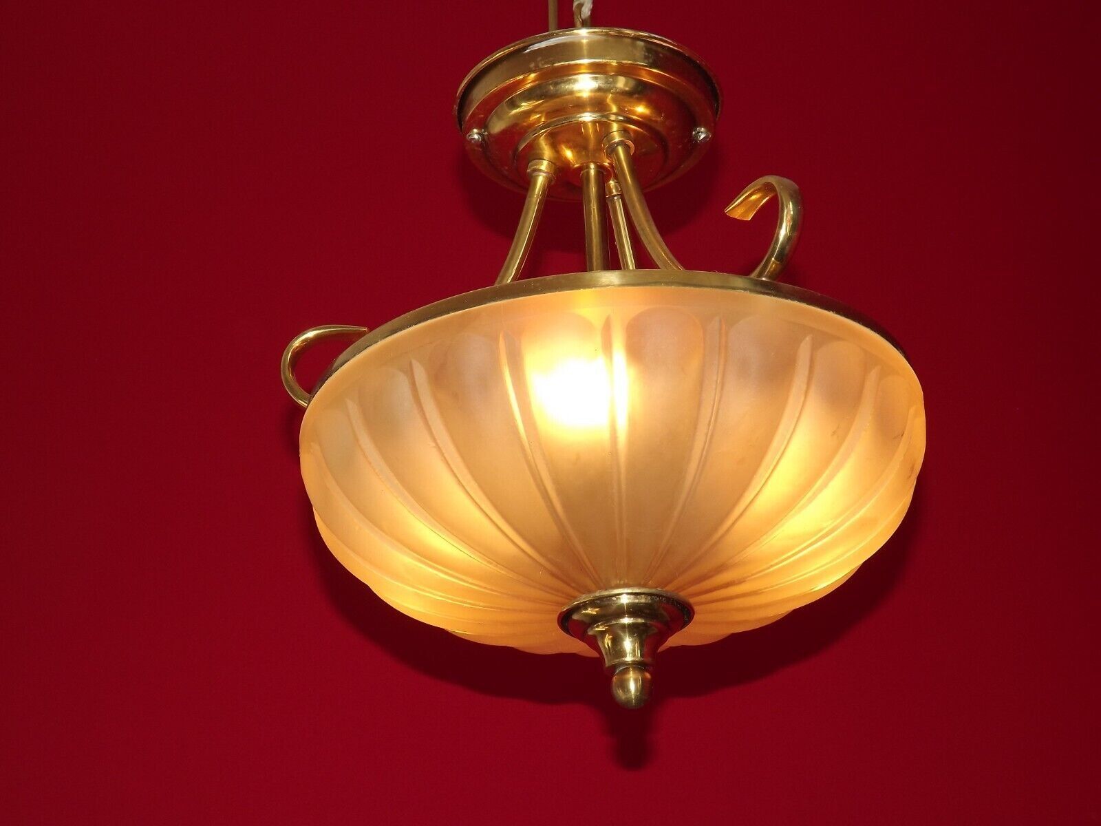 French mid century 3 bulb brass semi flush ceiling light opaque glass shade