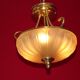 French mid century 3 bulb brass semi flush ceiling light opaque glass shade