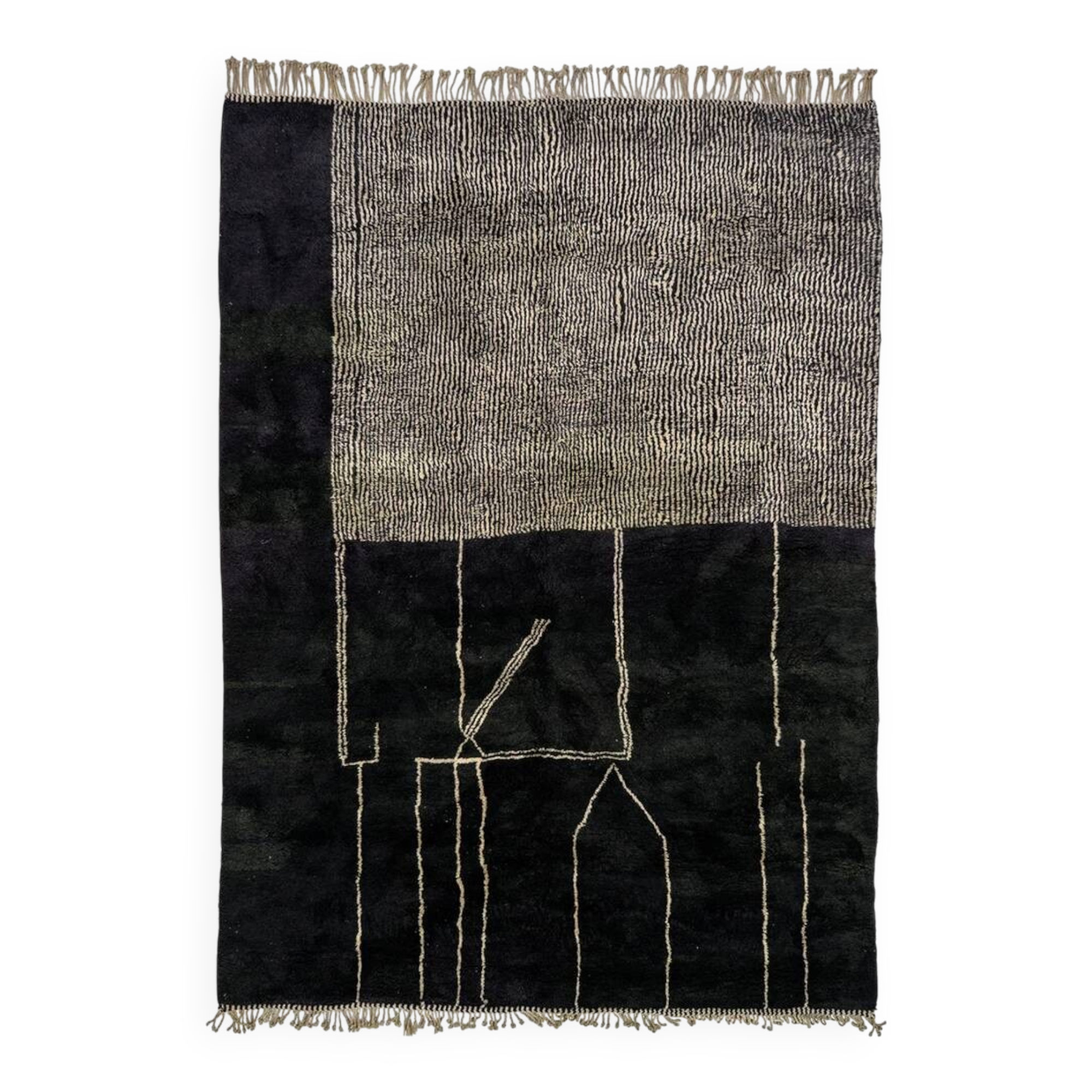Midnight shapes from M’rirt tied by hand | 254 cm x 358 cm