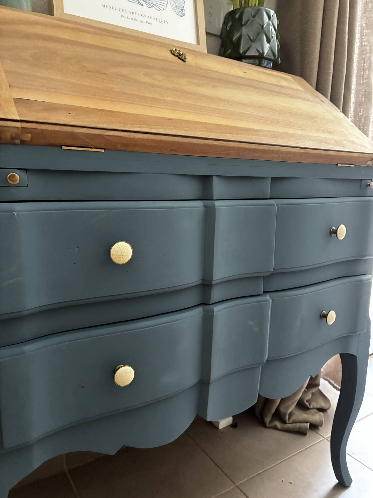 Restored antique drop-leaf secretary – natural wood & Night Blue