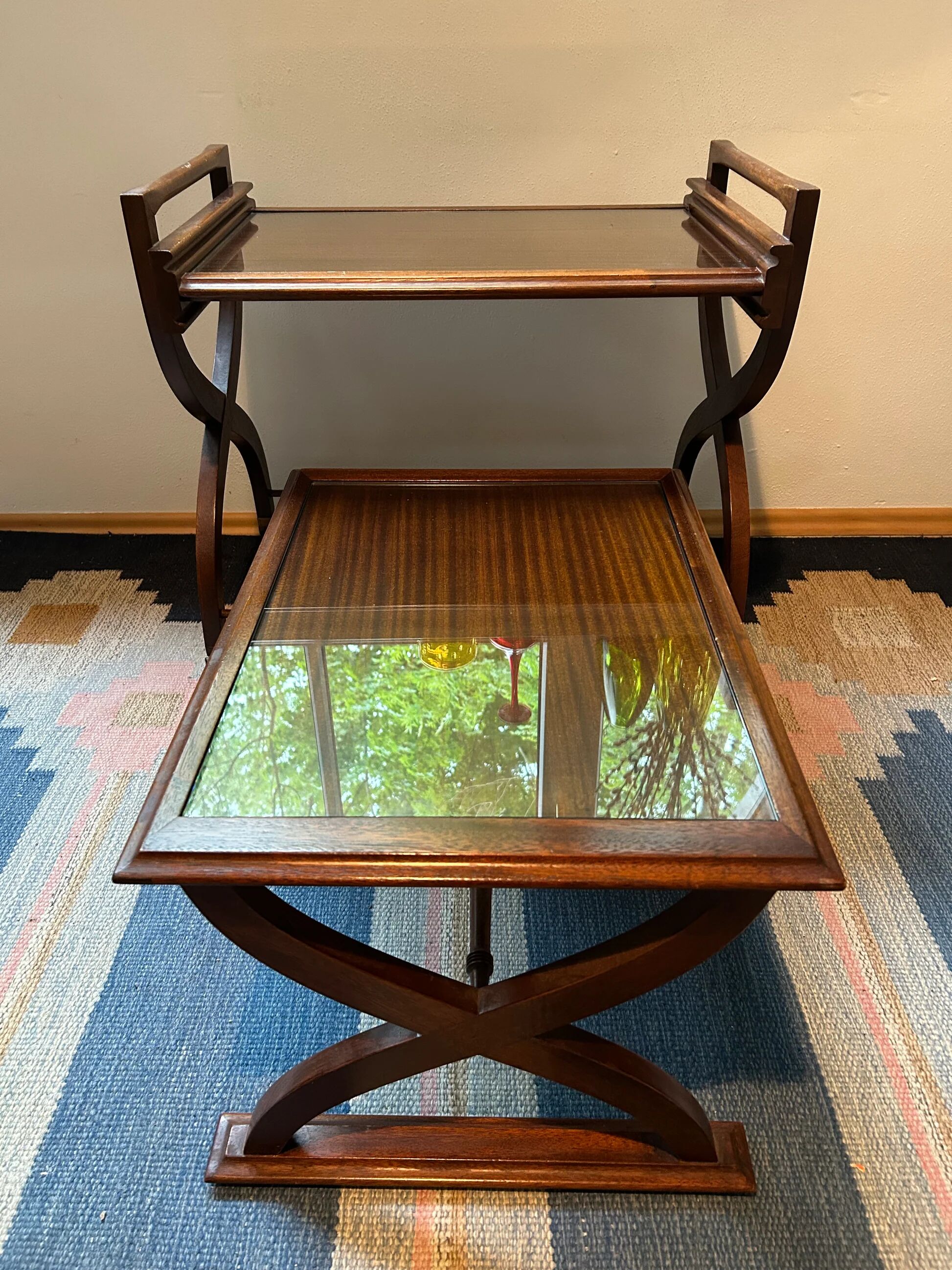 Teak service trolley with nesting table, mid-century modernism.