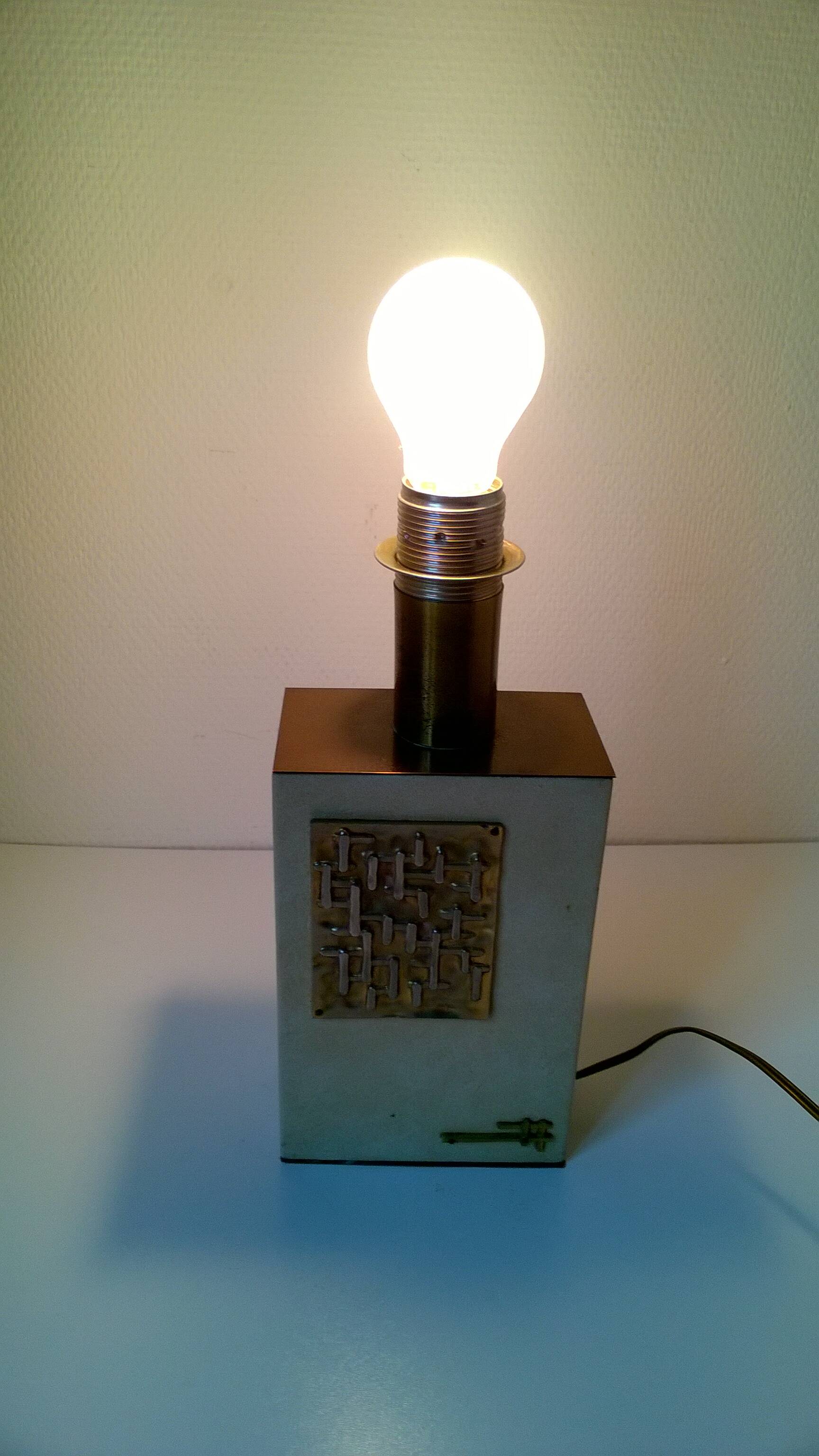 Vintage wooden lamp base covered with skai + brass - Germany c.1970