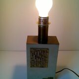 Pied de lampe vintage en bois recouvert de skaï + laiton -Allemagne c.1970