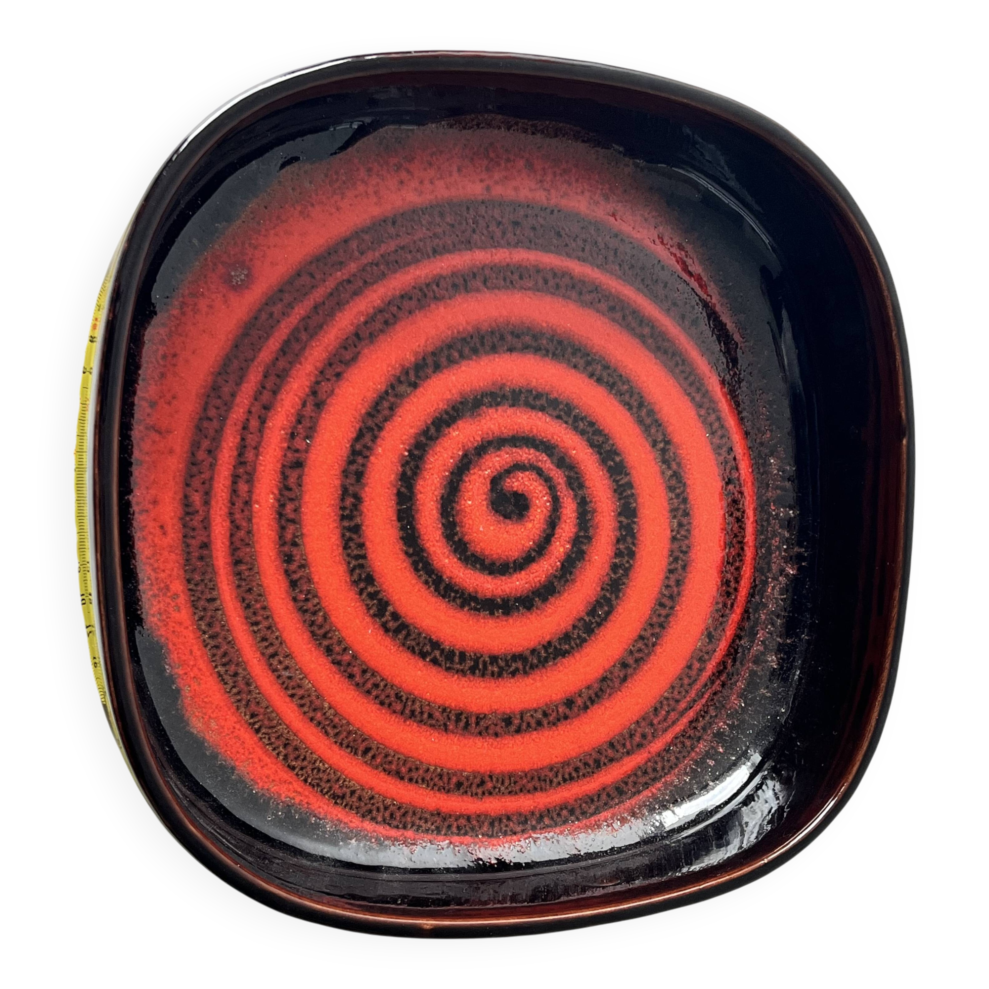 Large decorative ceramic catchall with red and black spiral pattern.