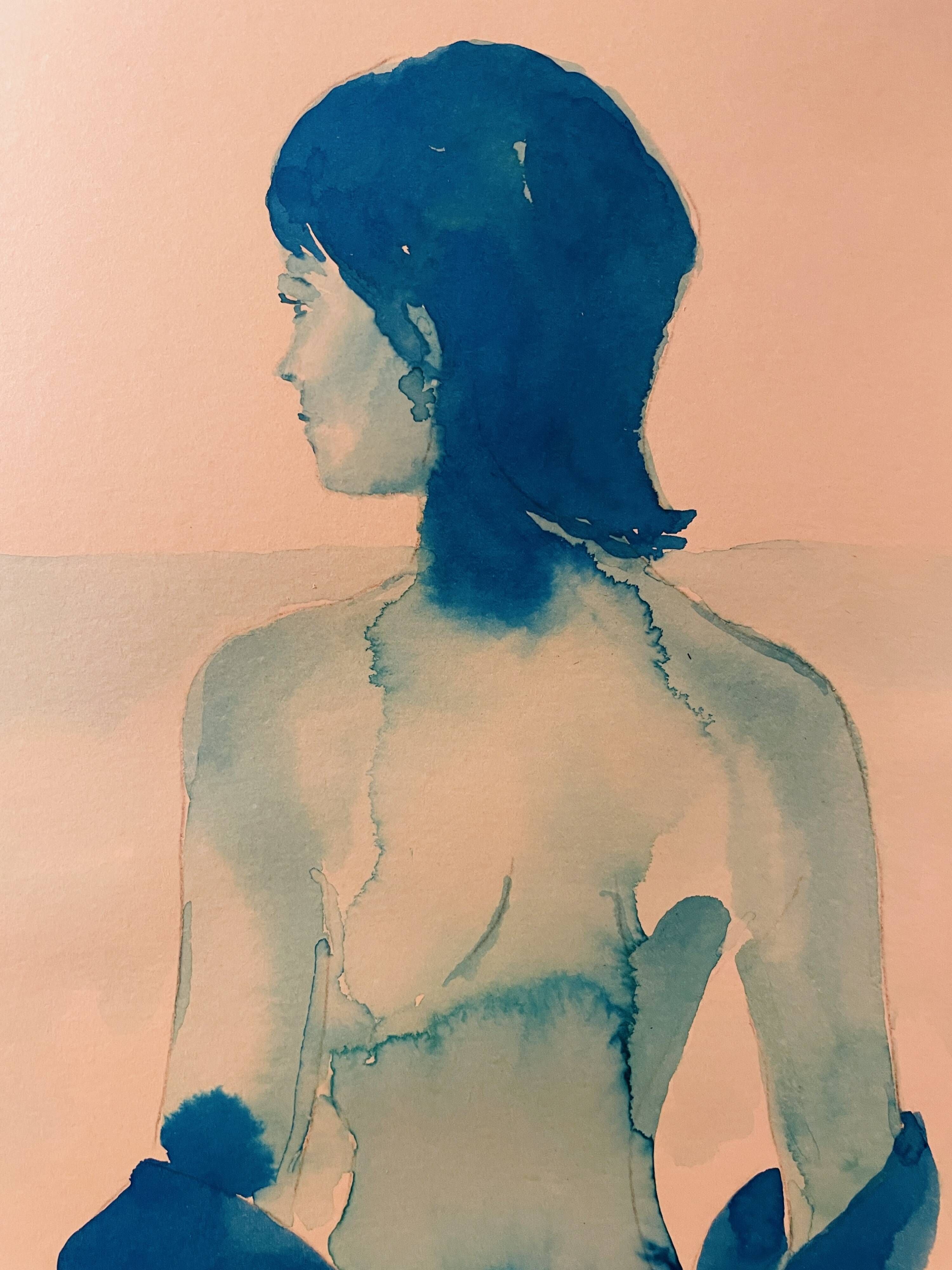 Signed monochrome blue painting of a female portrait "Weekend in Capri" Italy
