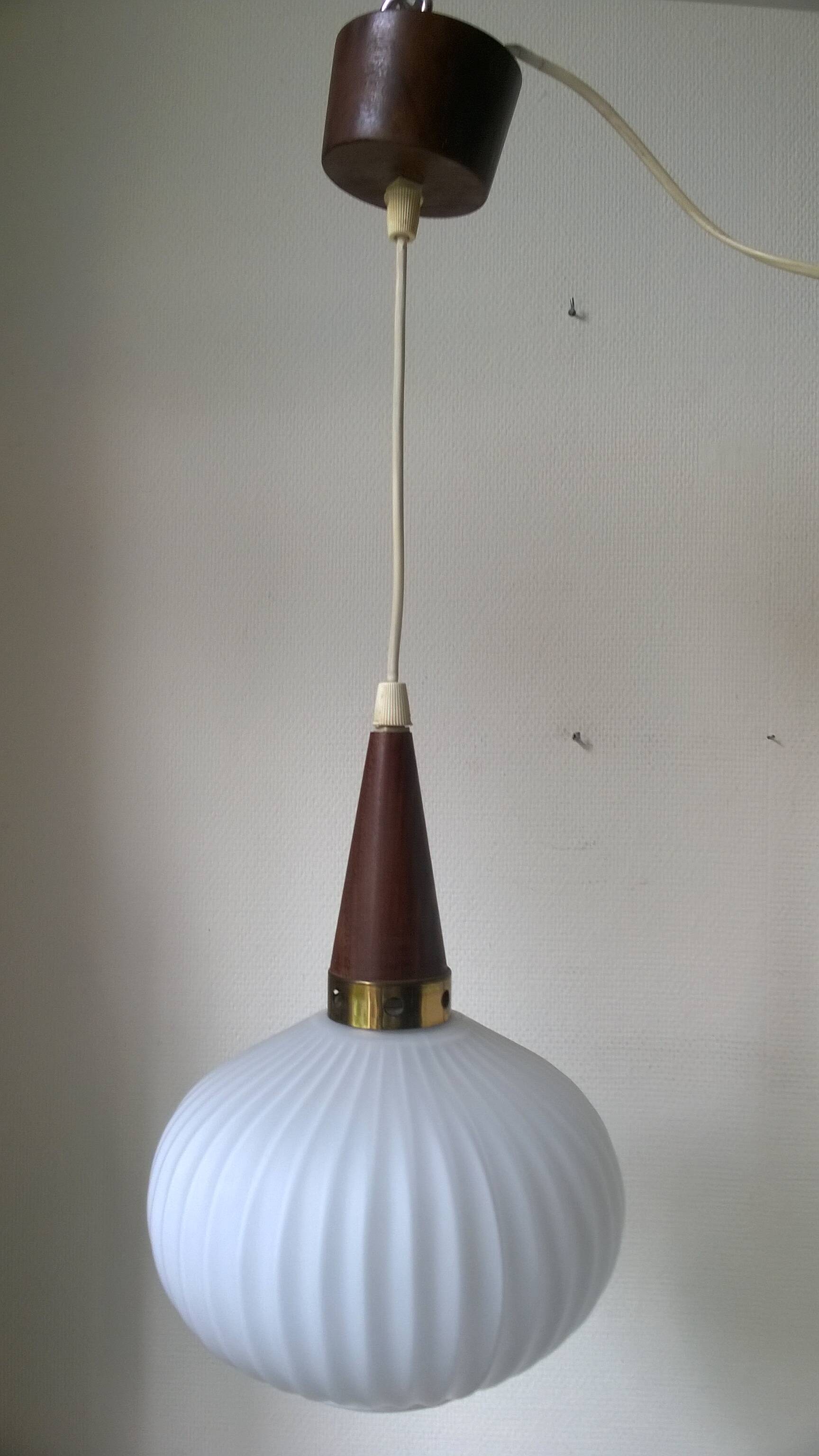 Vintage suspension in opaline, teak and brass by Louis Kalff c.1960