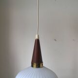 Vintage suspension in opaline, teak and brass by Louis Kalff c.1960