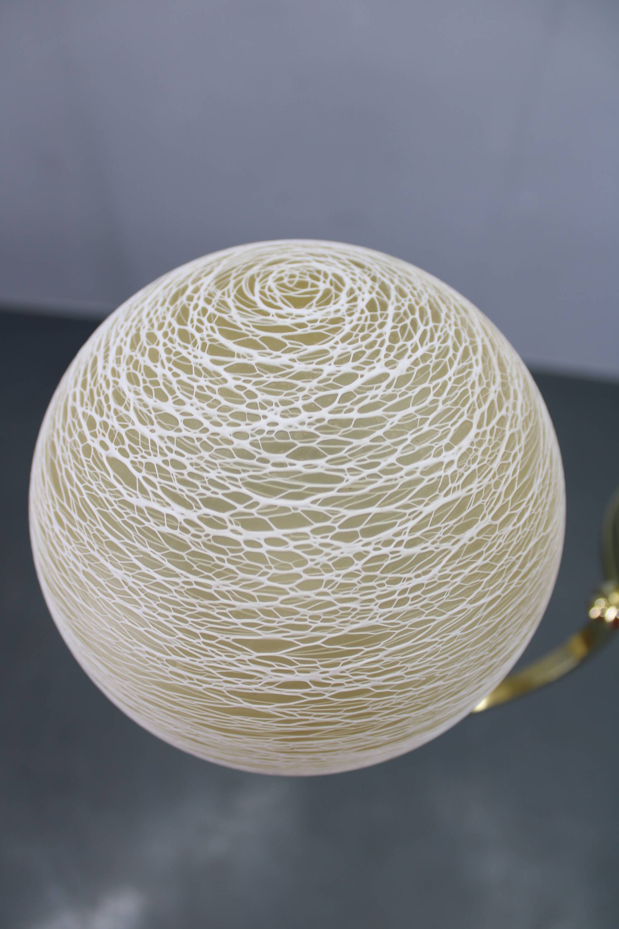 1930s Art Deco brass chandelier with textured glass globes, Czechoslovakia