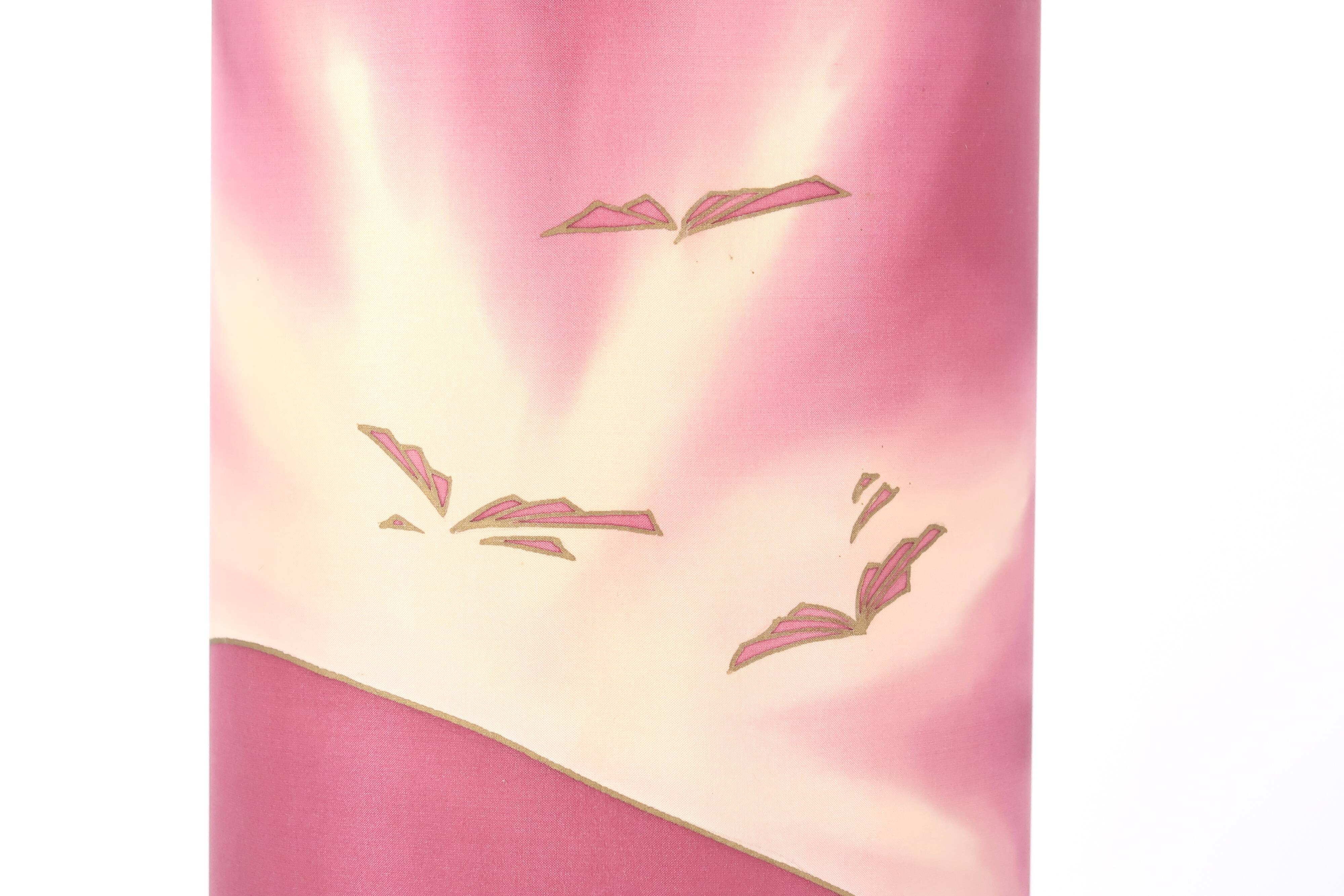 Purple ceramic lamp, painted silk lampshade, 1970s