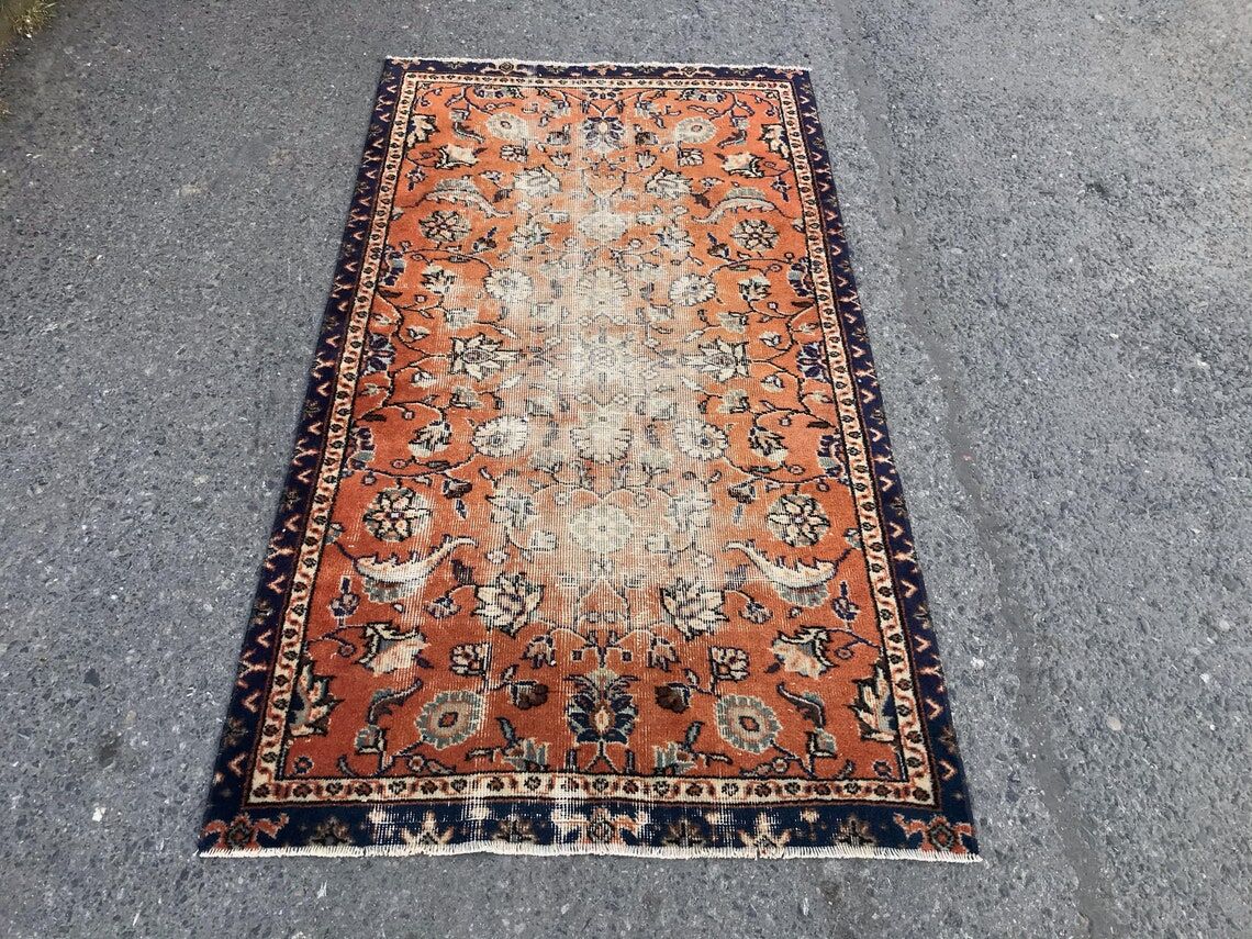 Orange and Blue Handmade Oushak Rug with Flowers