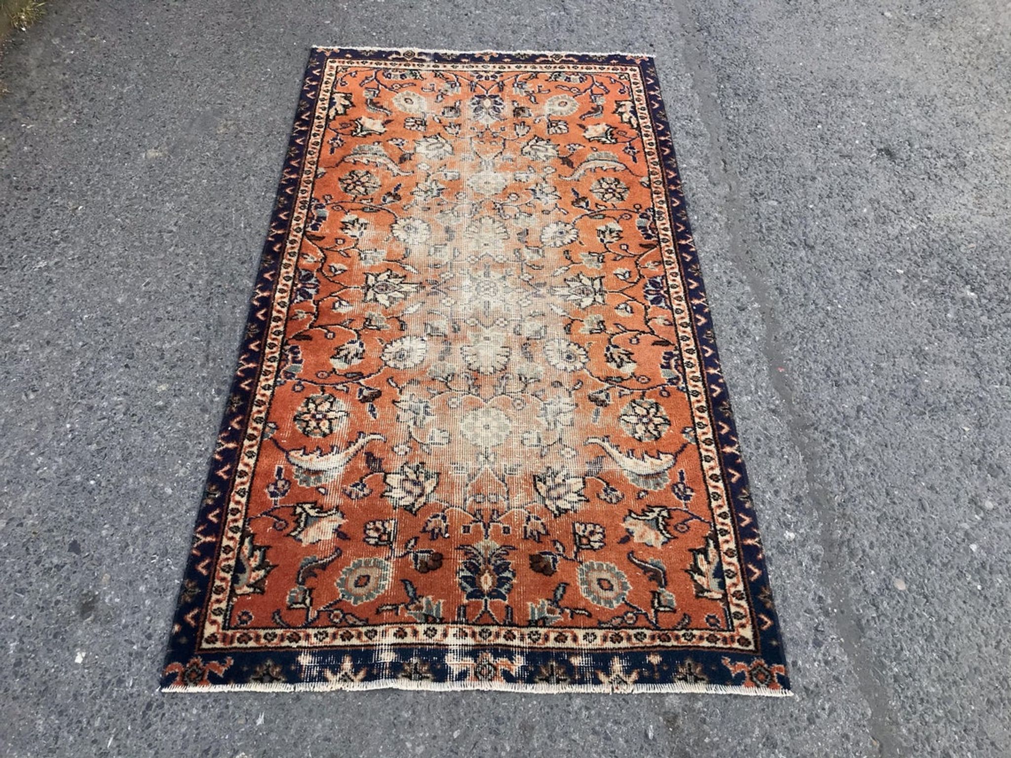 Orange and Blue Handmade Oushak Rug with Flowers