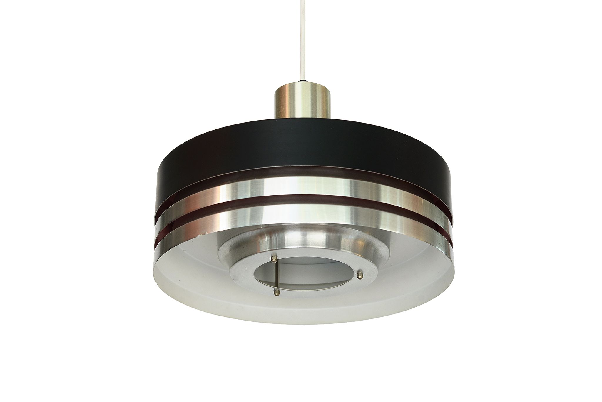 Pendant light in brushed aluminium and black by Carl Thore for Granhaga. Sweden 1960s.